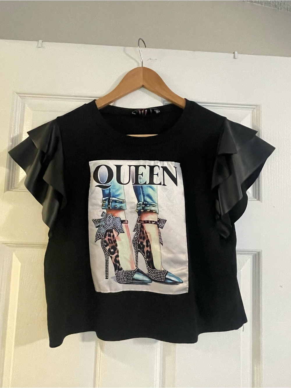 love J Black Short Sleeve Faus leather Ruffle Tee with 'QUEEN' Graphic